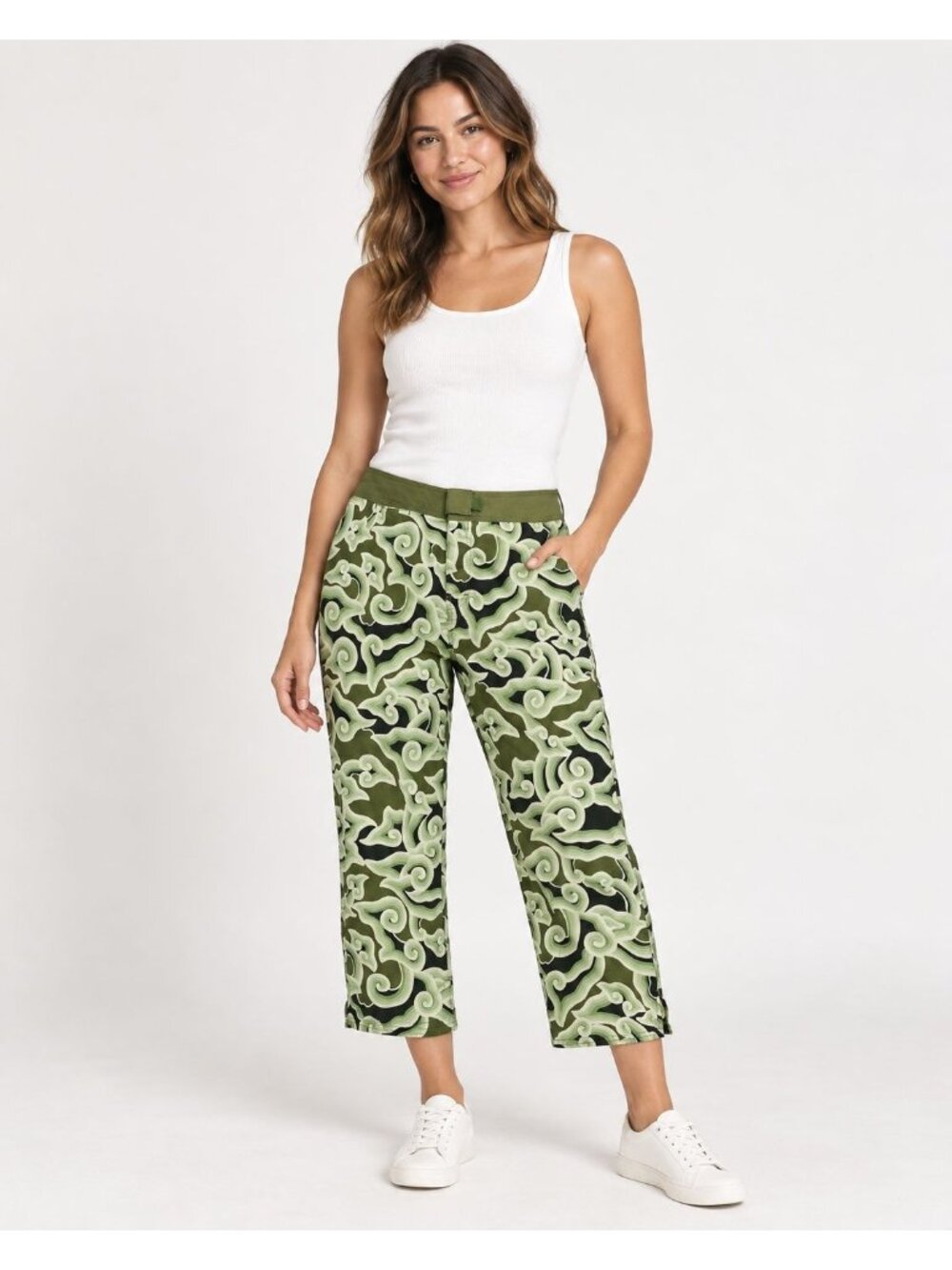 VTG Patagonia Pataloha Womens Kokawe Pant Green Swirl Print Hook & Loop Closure